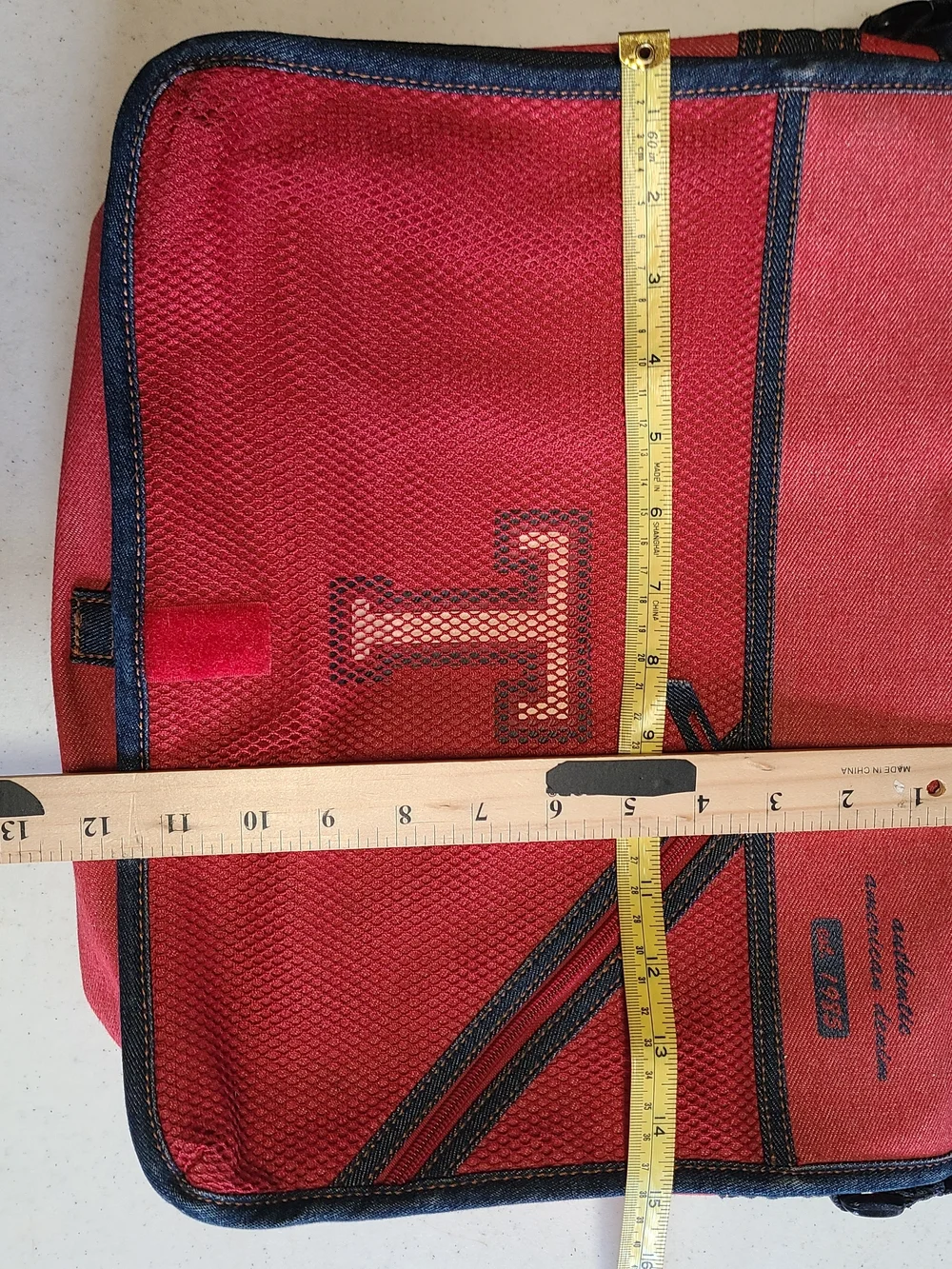 Vintage Tommy Hilfiger Red Denim Messenger Bag T Logo Plaid Lined Y2K